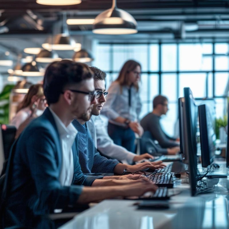 An image of a business setting with employees working at their computers, surrounded by cybersecurity experts providing guidance and support-1