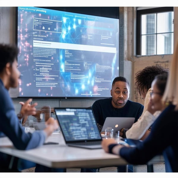 An image of a team of employees engaged in interactive security awareness training, participating in phishing simulations and learning about cybersecu